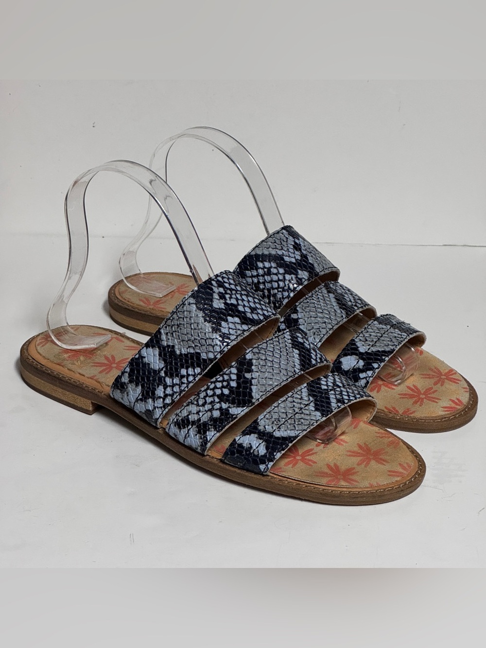Frye & Co. Evie 3 Band Women's 9M Slide Flat Sandals Blue Snake Print Shoes